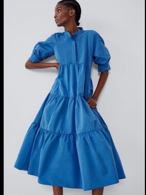 NWOT Zara Medium Blue Tiered Flowy Maxi Dress